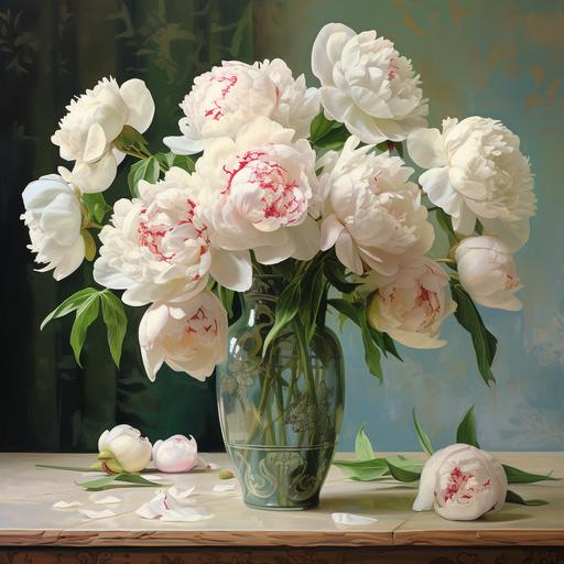 Big white and pink peonies in an ornate tall green glass vase on a small cherry wood table