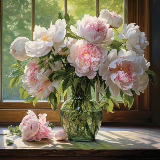 Big white and pink peonies in an ornate tall green glass vase on a small cherry wood table