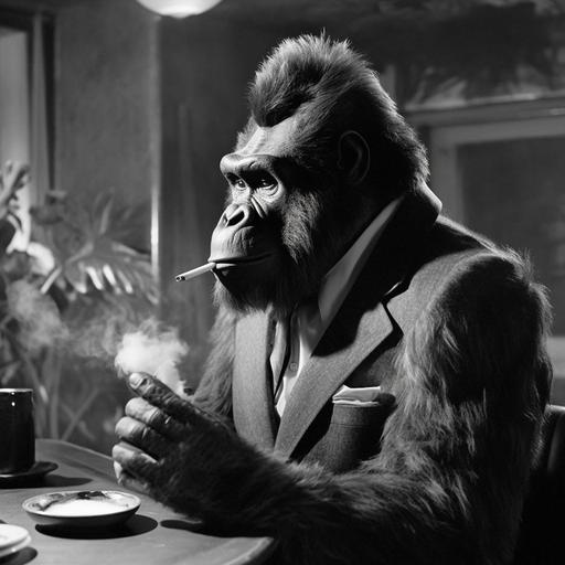 Bigfoot as a dapper 1950's gentleman who lives in a penthouse drinks cognac and listens to smooth jazz as he smokes his slim unfiltered cigarettes, --q 2 --s 750 --v 5