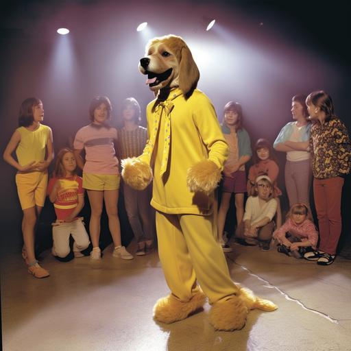 Bill Patterson is a man in a furry cute yellow dog costume with long droopy ears and a long scarf around his neck entertaining children for a kids TV show, back of kids heads in the audience watching a man in a dog costume dancing, 1975, vintage, 70's style photorealistic
