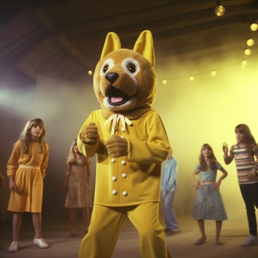 Bill Patterson is a man in a furry cute yellow dog costume with long droopy ears and a long scarf around his neck entertaining children for a kids TV show, back of kids heads in the audience watching a man in a dog costume dancing, 1975, vintage, 70's style photorealistic