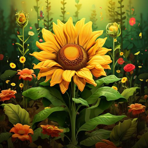 Birthday Bloom in full color yellow, green, brown with sunflower around Birthday Bloom in animation