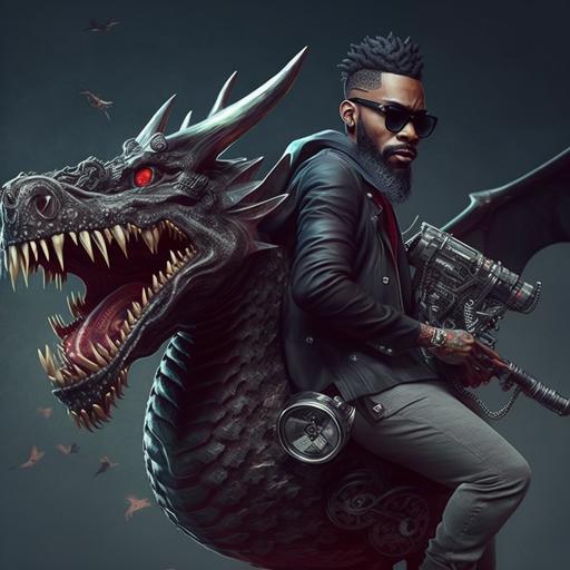 young bearded black rapper with a big gun in one hand and a bag of money in the other riding a black dragon hyper realistic