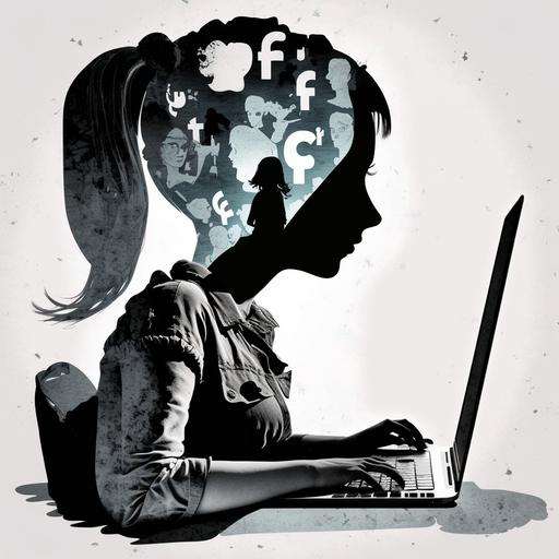 shadow of a woman sitting and working on her laptop, shadows of social media logos ca also be seen hovered above the woman, graphic style, graphite