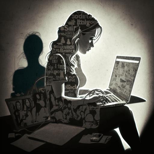 shadow of a woman sitting and working on her laptop, shadows of social media logos ca also be seen hovered above the woman, graphic style, graphite