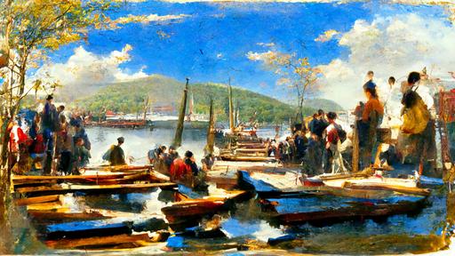 Encontro das Águas from perspective of a busy dock, small boats in the water, Hudson River School, Painting in the style of Albert Bierstadt --w 1920 --h 1024 --hd