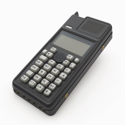 Black 1980s era cell phone with number buttons and small screen. View from above. Top down View. White background. No background. Unreal Engine 8K
