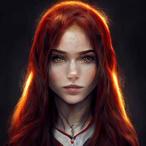 perfect beautiful female, girl, powerful mage with long red hair, magnetic grey eyes, pure, chaotic, delicate but fierce, portrait, lineart, realistic, 8k