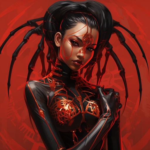 Black Asian American Female with arachnid themed style spider fangs evil bad guy red back colors claws