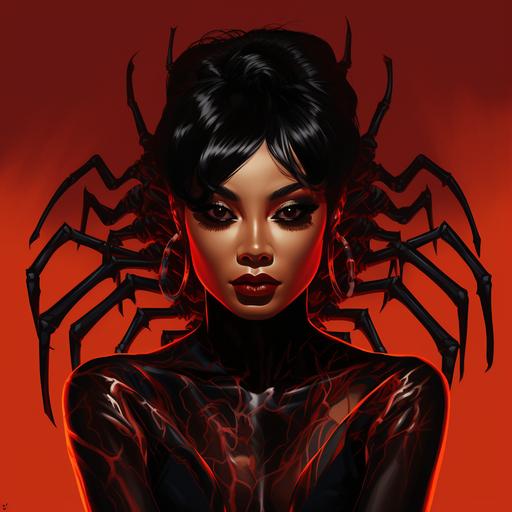 Black Asian American Female with arachnid themed style spider fangs evil bad guy red back colors claws