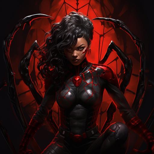 Black Asian American Female with arachnid themed style spider fangs evil bad guy red back colors claws