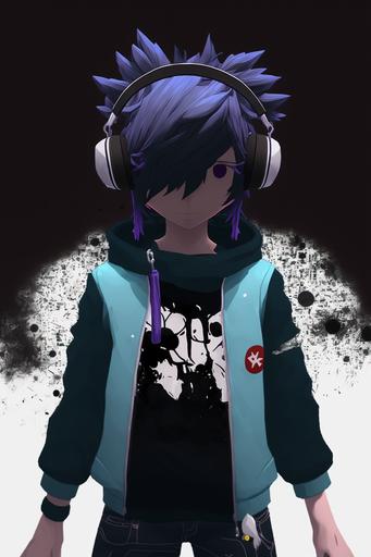 Black Beanie hat, black hair, blue hair, short hair, black shirt, black T-shirt, purple Sports jacket with white sleeves over it, Light blue Pants, white sneakers, Black headphones with white circles, faded face, cant see face, no head, anime style, 4k --v 4 --ar 2:3
