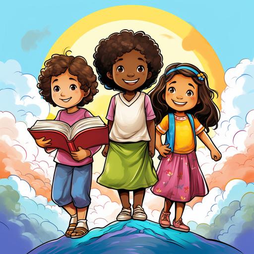 Black Children, asian children, coloring, happinesses, bible history, jesus christ cartoon style, fantasy, outline art, bold lines, low detail, very simple, bright colors, ar 9:11