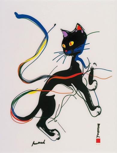 Black German cat，cat at play, chasing and jumping at a cat toys, action cat, cat-like, Abstract ink art, flowing body form, fluid body, forms, wet inkbleed soft and subtle gradiations, hidden vivid colors, extreme minimalism, Endre Penovac, Nobuyoshi Araki --no drops, splotches, drips, roughness, circle --v 4 --ar 3:4