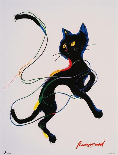 Black German cat，cat at play, chasing and jumping at a cat toys, action cat, cat-like, Abstract ink art, flowing body form, fluid body, forms, wet inkbleed soft and subtle gradiations, hidden vivid colors, extreme minimalism, Endre Penovac, Nobuyoshi Araki --no drops, splotches, drips, roughness, circle --v 4 --ar 3:4