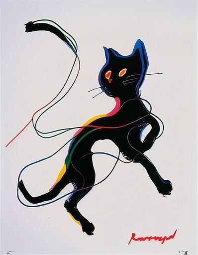 Black German cat，cat at play, chasing and jumping at a cat toys, action cat, cat-like, Abstract ink art, flowing body form, fluid body, forms, wet inkbleed soft and subtle gradiations, hidden vivid colors, extreme minimalism, Endre Penovac, Nobuyoshi Araki --no drops, splotches, drips, roughness, circle --v 4 --ar 3:4