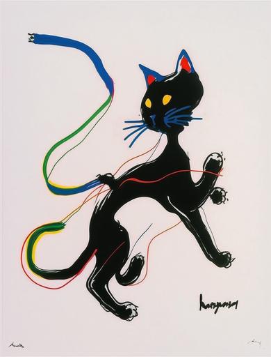 Black German cat，cat at play, chasing and jumping at a cat toys, action cat, cat-like, Abstract ink art, flowing body form, fluid body, forms, wet inkbleed soft and subtle gradiations, hidden vivid colors, extreme minimalism, Endre Penovac, Nobuyoshi Araki --no drops, splotches, drips, roughness, circle --v 4 --ar 3:4