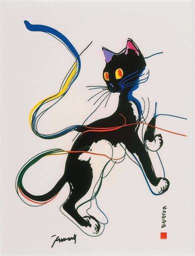 Black German cat，cat at play, chasing and jumping at a cat toys, action cat, cat-like, Abstract ink art, flowing body form, fluid body, forms, wet inkbleed soft and subtle gradiations, hidden vivid colors, extreme minimalism, Endre Penovac, Nobuyoshi Araki --no drops, splotches, drips, roughness, circle --v 4 --ar 3:4