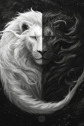 Black Lion and white Lion Ying Yang epic art style using romanticism, cinematic mixed with mural painting and ancient Egyptian glyph style --ar 2:3 --v 6.0 --style raw