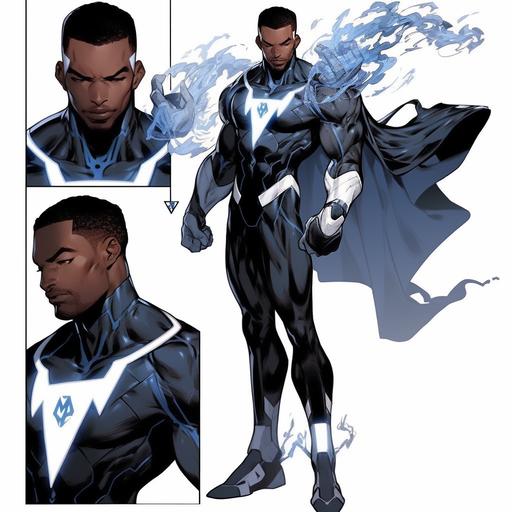 Black Male super hero reference sheet, absorb energy powers, wearing a damaged super suit, with white blue black and silver tactical radiant energy suit, long black cape, with silver chest plate, advanced technology gear, customized super suit, silver gauntlet, blue radianting energy fist, OC character design, marvel artwork style, 21yrs old, black hair, shaved beard, old comic style, with silver super hero 