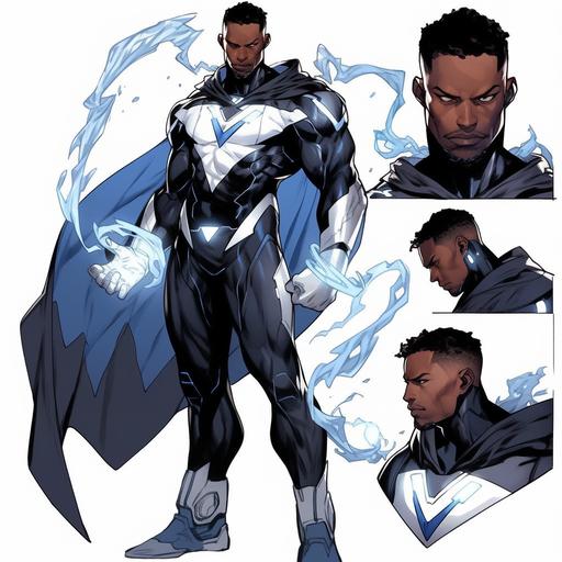 Black Male super hero reference sheet, absorb energy powers, wearing a damaged super suit, with white blue black and silver tactical radiant energy suit, long black cape, with silver chest plate, advanced technology gear, customized super suit, silver gauntlet, blue radianting energy fist, OC character design, marvel artwork style, 21yrs old, black hair, shaved beard, old comic style, with silver super hero 