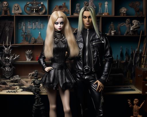 Black Metal Barbie and Ken doll posed in front of their dollhouse --ar 5:4