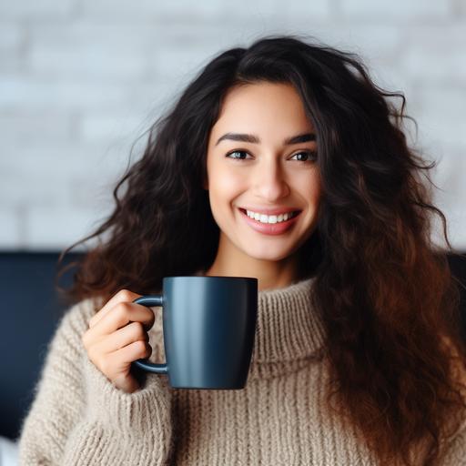 Black Mug Mockup, woman with long brown hair wearing warm cream colored sweater Holding 15 ounce Black Mug Close-Up, Blank Mug for Sublimation Mock-Up, Cute Black Ceramic Coffee Mug, living room background, front lighting, Photoshop Smart Object Stock Photo, 4k --no text logo graphics or tattoos