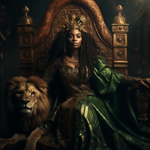 Black Nigerian woman dressed medieval style, green Swahili inspired clothing, wearing a golden crown, sitting on a throne at court, a roaring lioness beside her, queen, royalty, victory, poweful, detailed.