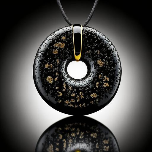 Black Obsidian donut rock pendant, intricate detail, white granite loops, gold accents, fine jewellery --c 100 --v 4