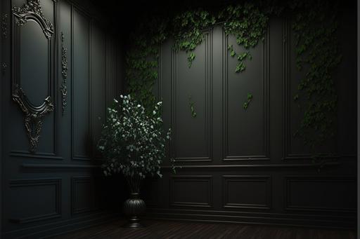 Black Paneled Wall Elegant room, Green vines on the wall, wide angle , 4k, HD, --ar 3:2