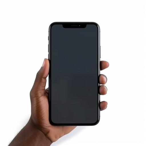 Black Right Hand holding, New version of White slim smartphone similar to iphone 12 with blank white screen, luxury, white background