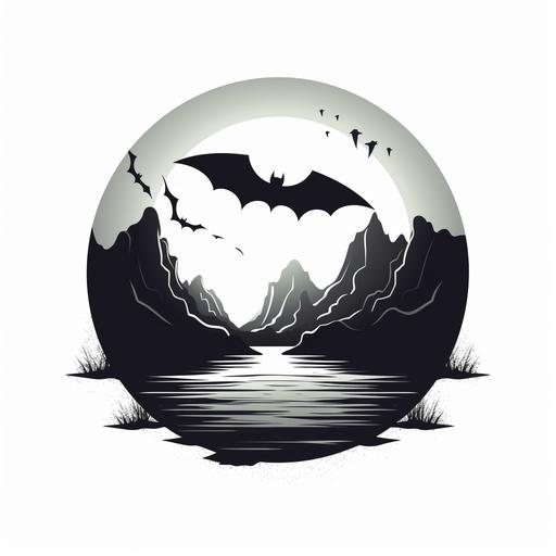 Black and White logo, Ocean, shadow, coast, bats, haunted, simple, spooky, intriguing, vector