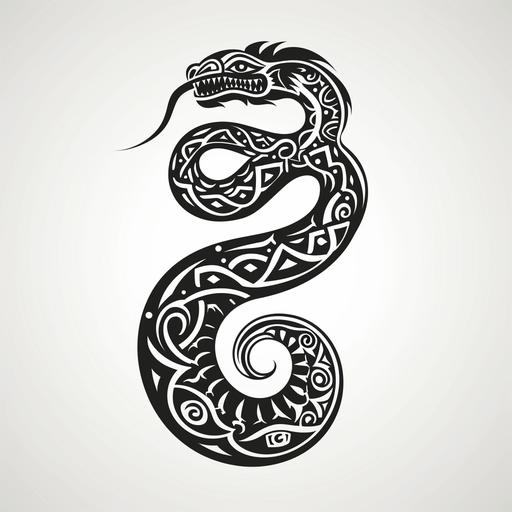 Black and white Aztec style snake tattoo design on a plain background, vector illustration using simple shapes and flat colors. The artwork is in the style of vector art with simple shapes, bold lines, icons, stencils and sticker outlines. The dragon outline is presented with a white background and black ink, leaving white space around the artwork. The 2D design has high contrast, high resolution, high detail and sharp focus in a hyper realistic, high quality style.