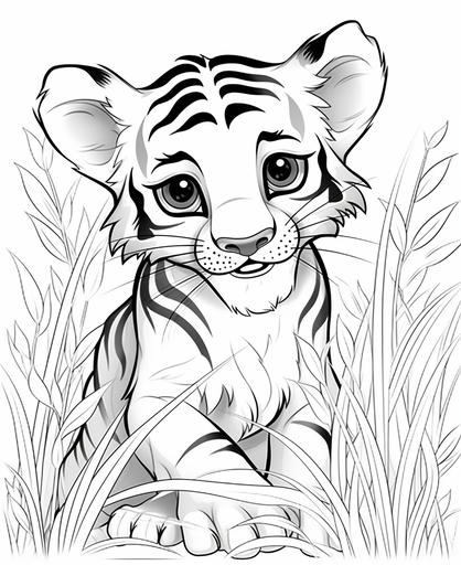 Black and white coloring page for kids, cute, baby tiger, hiding in tall grass, cartoon style, crisp lines, no color, --ar 9:11