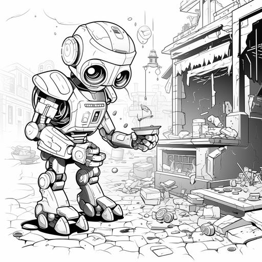 Black and white coloring page, strong black lines, a robot archaeologist digging up the old ruins of a classic pizza restaurant, cartoon style