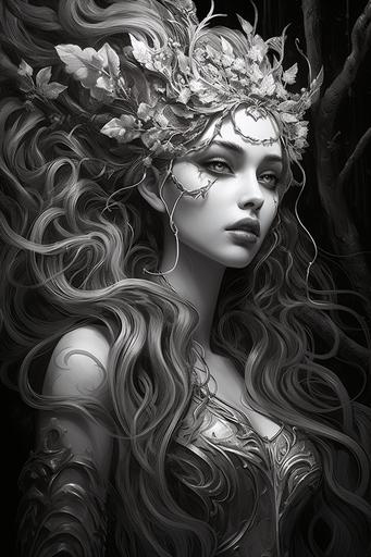 Black and white drawing In the heart of an ancient elven realm, a portrait unfolds, capturing the ethereal beauty of a young elven woman. Her visage, carved by the grace of time, bears an otherworldly charm that transcends mortal allure. Her bewitching eyes, like twin pools of moonlit enchantment, reflect the wisdom and mystery of her elven lineage. Cascading down like a silken waterfall, her hair, as if woven from strands of stardust, flows with an effortless elegance, dancing in the unseen rhythm of the elven winds. The silver and gold hues of her tresses shimmer in the gentle breeze, catching the light of the mystical realm around her. Adorning her regal countenance is a pearl tiara, a delicate coronet that graces her forehead like a celestial halo. The pearls, luminescent and pristine, seem to echo the gleam of the moon and stars, framing her face with a celestial radiance. Each pearl tells a silent tale of the depths of the ocean or the secrets of hidden realms, bound together to form a regal diadem fit for an elven princess. Her attire befits her status as a priestess of the ancient order. The praetress dress, adorned with intricate elven symbols and patterns, is a seamless blend of opulent elegance and ethereal grace. The fabric seems to sway with an otherworldly rhythm, responding to the unseen energies that envelop her. Embroideries of silver and celestial blue trace delicate patterns along the edges, symbolizing the connection between the elven people and the cosmic forces that watch over their realm. As she stands amidst the ancient groves, the wind gently tousles the folds of her praetress dress, lending an almost magical movement to the scene. The air around her seems charged with an aura of tranquility and ancient magic, as if the very essence of the [...]