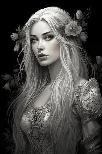 Black and white drawing In the heart of an ancient elven realm, a portrait unfolds, capturing the ethereal beauty of a young elven woman. Her visage, carved by the grace of time, bears an otherworldly charm that transcends mortal allure. Her bewitching eyes, like twin pools of moonlit enchantment, reflect the wisdom and mystery of her elven lineage. Cascading down like a silken waterfall, her hair, as if woven from strands of stardust, flows with an effortless elegance, dancing in the unseen rhythm of the elven winds. The silver and gold hues of her tresses shimmer in the gentle breeze, catching the light of the mystical realm around her. Adorning her regal countenance is a pearl tiara, a delicate coronet that graces her forehead like a celestial halo. The pearls, luminescent and pristine, seem to echo the gleam of the moon and stars, framing her face with a celestial radiance. Each pearl tells a silent tale of the depths of the ocean or the secrets of hidden realms, bound together to form a regal diadem fit for an elven princess. Her attire befits her status as a priestess of the ancient order. The praetress dress, adorned with intricate elven symbols and patterns, is a seamless blend of opulent elegance and ethereal grace. The fabric seems to sway with an otherworldly rhythm, responding to the unseen energies that envelop her. Embroideries of silver and celestial blue trace delicate patterns along the edges, symbolizing the connection between the elven people and the cosmic forces that watch over their realm. As she stands amidst the ancient groves, the wind gently tousles the folds of her praetress dress, lending an almost magical movement to the scene. The air around her seems charged with an aura of tranquility and ancient magic, as if the very essence of the [...]