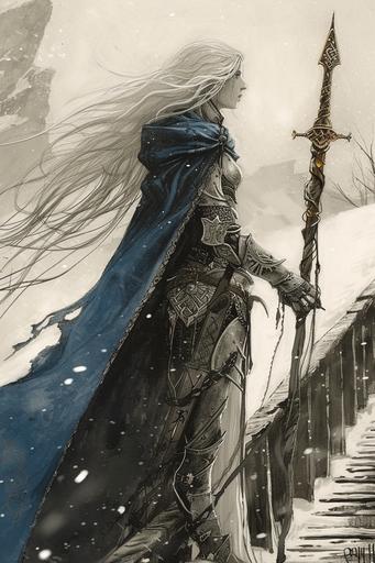 Black-and-white drawing of a female knight, long white hair, standing on a bridge in the snow, wearing a long tunic engraved with Celtic and runic motifs, a blue cape fluttering in the wind, holding a gnarled wizard's staff adorned with a sparkling amber stone --ar 2:3 --v 6.0