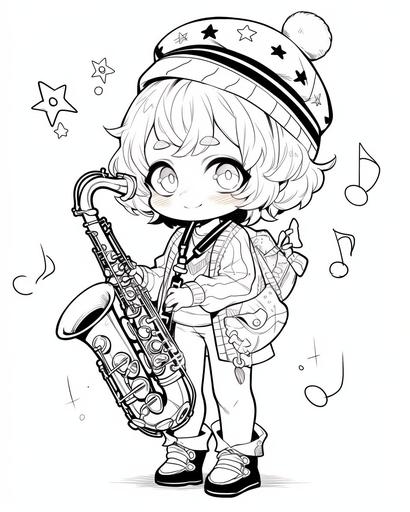 Black and white, illustration, white page, hyper detailed character design, line art, no shading, outline, coloring book drawing, centered, kawaii saxophone player, character, cartoon, digital art, full body image, lofi aesthetic, fantasy outfit --q 5 --ar 4:5 --niji 5