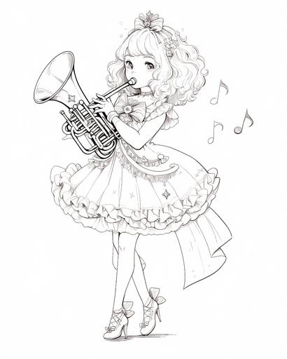 Black and white, illustration, white page, hyper detailed character design, line art, no shading, outline, coloring book drawing, centered, kawaii trumpet player, character, cartoon, digital art, full body image, lofi aesthetic, fantasy outfit --q 5 --ar 4:5 --niji 5