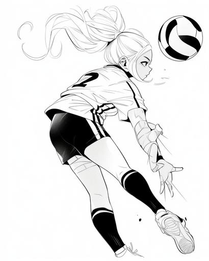 Black and white, illustration, white page, hyper detailed character design, line art, no shading, outline, coloring book drawing, centered, kawaii volleyball player, character, cartoon, digital art, full body image, lofi aesthetic, fantasy outfit --q 5 --ar 4:5 --niji 5