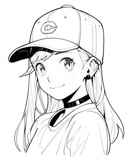 Black and white, illustration, white page, kawaii cap, character, line art, no shading, cartoon, outline, coloring book drawing --q 5 --ar 4:5 --niji 5