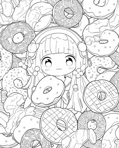 Black and white, illustration, white page, kawaii donut, character, line art, no shading, cartoon, outline, coloring book drawing --q 5 --ar 4:5 --niji 5