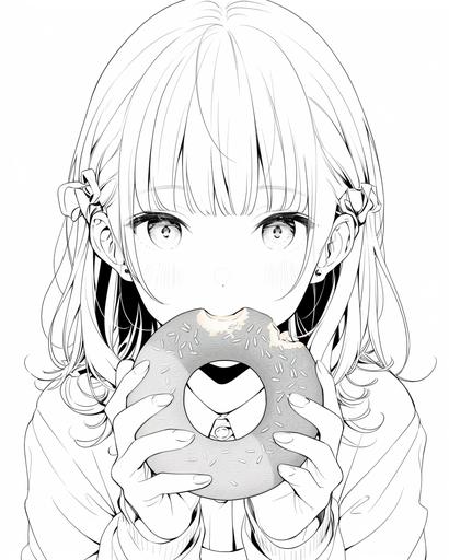 Black and white, illustration, white page, kawaii donut, character, line art, no shading, cartoon, outline, coloring book drawing --q 5 --ar 4:5 --niji 5