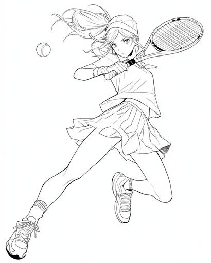 Black and white, illustration, white page, play Tennis, character, line art, no shading, cartoon, outline, coloring book drawing --q 5 --ar 4:5 --niji 5