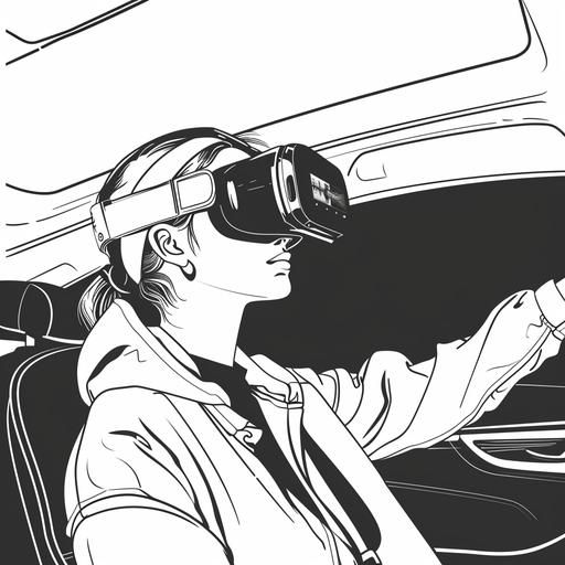 Black and white line art, A woman wearing very thin AR glasses, editing photos on the AR display screen on the front windshield, minimalist, white background, monoline design, vector line art, 8k --v 6.0