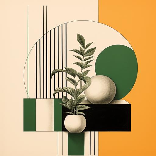 Black and white linework, minimalist, retro, green, yellow, terracotta, geometric