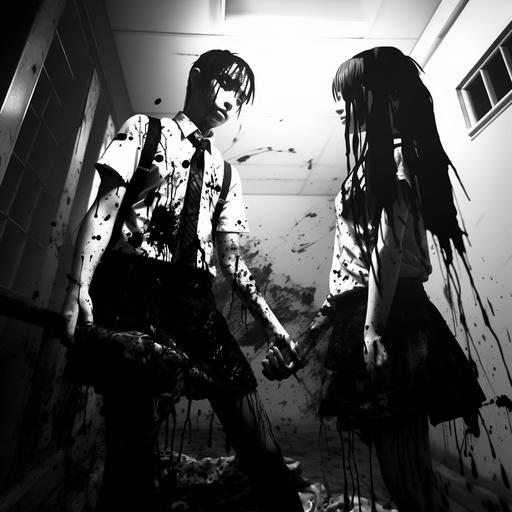 Black and white oil gouge painting of anime footage photo taken with a disposable camera, footage zombie massacra scene in a school toilet, zombies smiling very demonic, ketchup paint splattered dress, found footage, sp00ky, uncanny, monochromatic, poltergeist