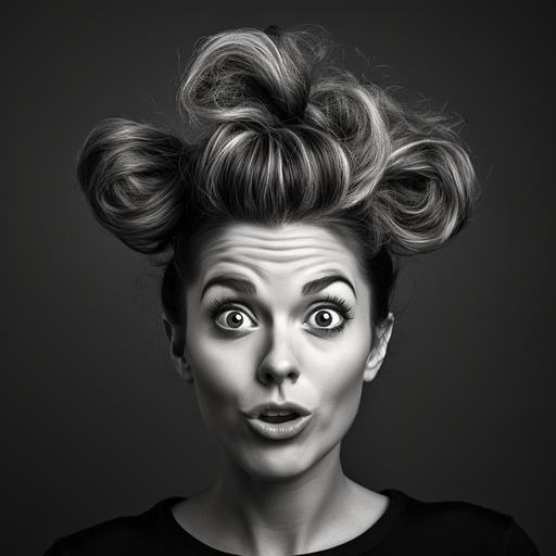 Black and white portrait of a woman in her 30s with a funny hairstyle and a surprising face