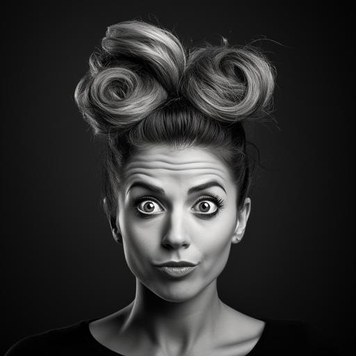 Black and white portrait of a woman in her 30s with a funny hairstyle and a surprising face